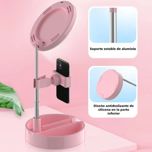 ARO DE LUZ CON ESPEJO Y SOPORTE PARA CELULAR – 3 MODOS DE ILUMINACIÓN