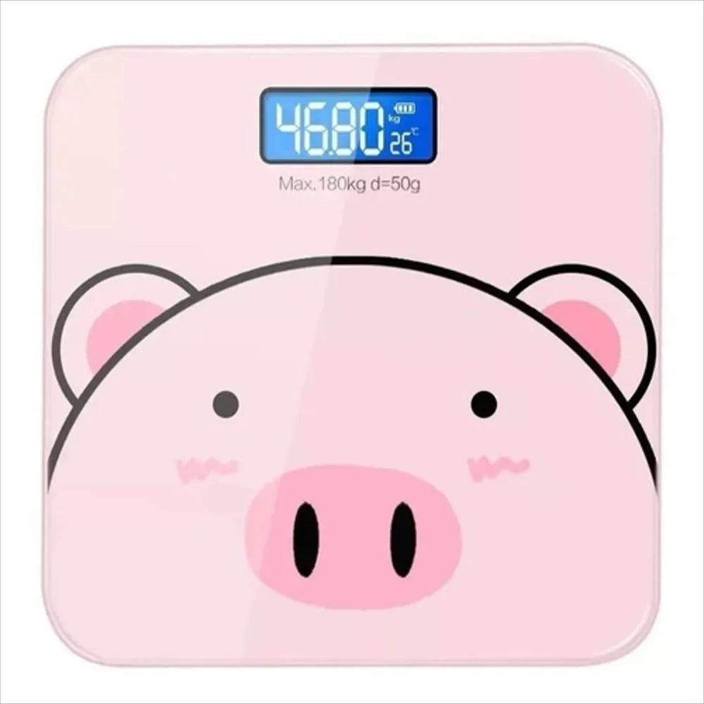 BÁSCULA DIGITAL DE BAÑO DISEÑO CERDITO ROSADO EN VIDRIO TEMPLADO