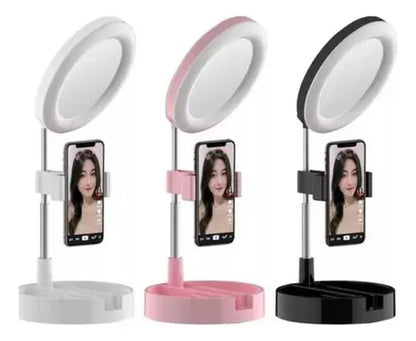 ARO DE LUZ CON ESPEJO Y SOPORTE PARA CELULAR – 3 MODOS DE ILUMINACIÓN