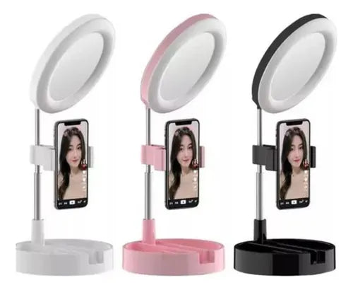 ARO DE LUZ CON ESPEJO Y SOPORTE PARA CELULAR – 3 MODOS DE ILUMINACIÓN