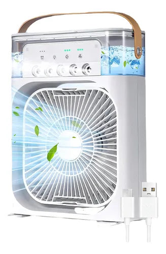 VENTILADOR HUMIDIFICADOR DE AIRE MULTIDIRECCIONAL LUZ LED PORTÁTIL