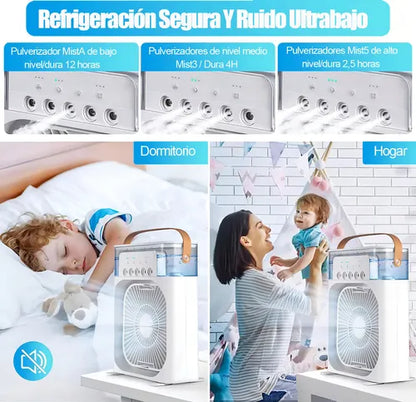 VENTILADOR HUMIDIFICADOR DE AIRE MULTIDIRECCIONAL LUZ LED PORTÁTIL