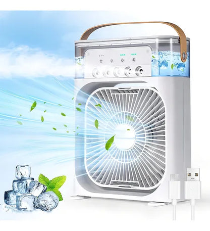 VENTILADOR HUMIDIFICADOR DE AIRE MULTIDIRECCIONAL LUZ LED PORTÁTIL