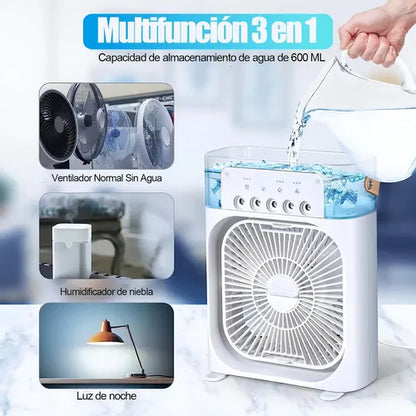 VENTILADOR HUMIDIFICADOR DE AIRE MULTIDIRECCIONAL LUZ LED PORTÁTIL