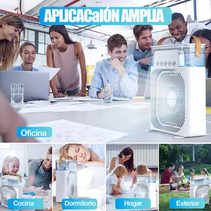 VENTILADOR HUMIDIFICADOR DE AIRE MULTIDIRECCIONAL LUZ LED PORTÁTIL